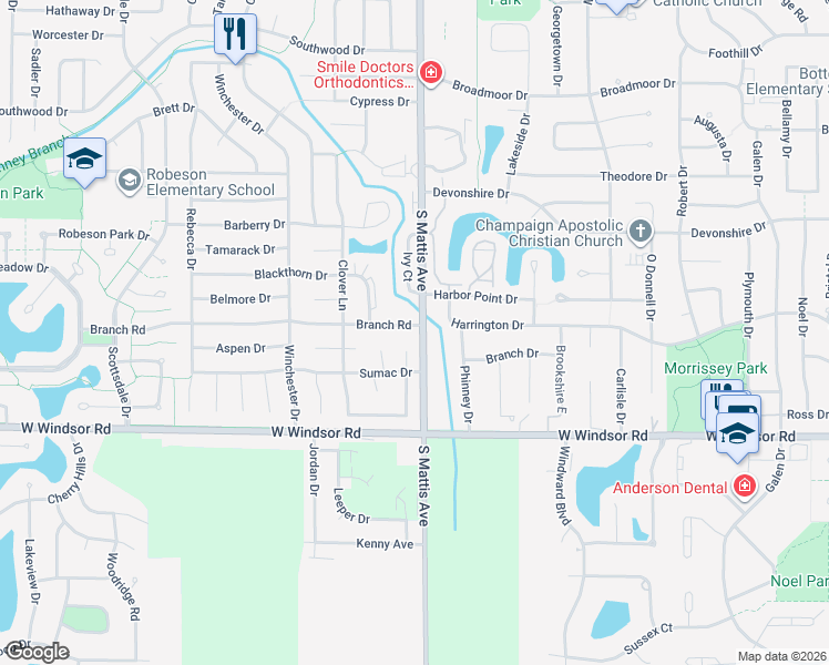 map of restaurants, bars, coffee shops, grocery stores, and more near 2306 Osage Court in Champaign