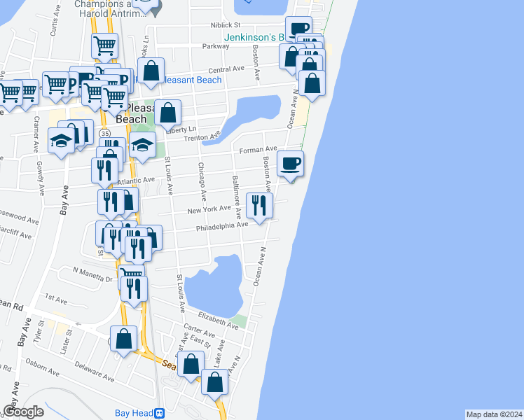 map of restaurants, bars, coffee shops, grocery stores, and more near 1205 Ocean Avenue in Point Pleasant Beach