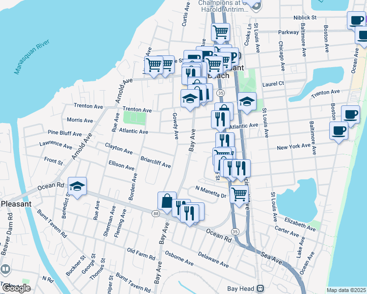 map of restaurants, bars, coffee shops, grocery stores, and more near 1012 Gowdy Avenue in Point Pleasant Beach