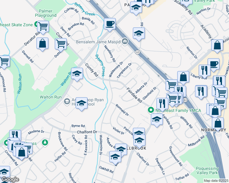 map of restaurants, bars, coffee shops, grocery stores, and more near 11211 Waldemire Drive in Philadelphia