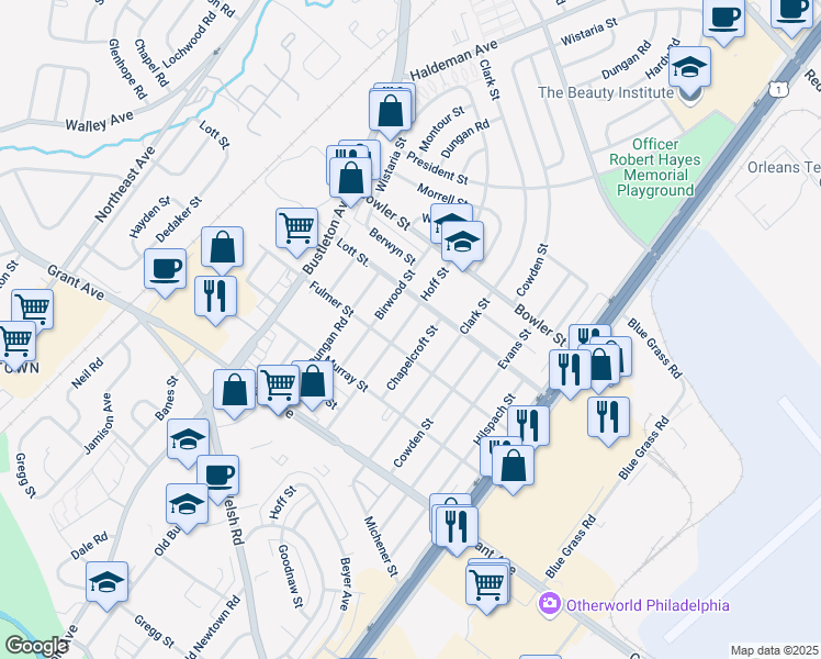 map of restaurants, bars, coffee shops, grocery stores, and more near 2013 Fulmer Street in Philadelphia