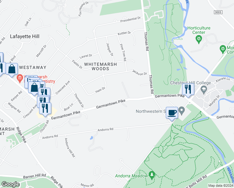 map of restaurants, bars, coffee shops, grocery stores, and more near 761 Germantown Pike in Lafayette Hill