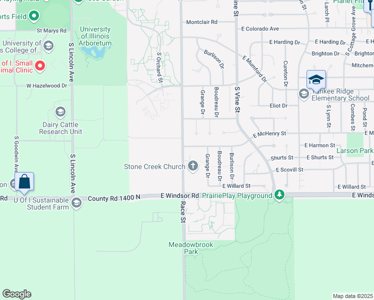 map of restaurants, bars, coffee shops, grocery stores, and more near 109 West Whitehall Court in Urbana