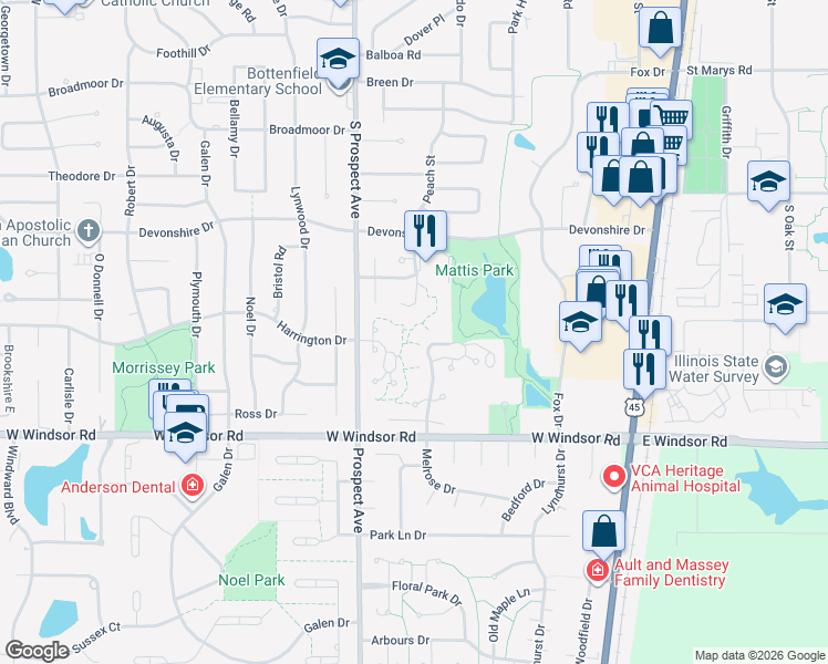 map of restaurants, bars, coffee shops, grocery stores, and more near 2121 Melrose Drive in Champaign