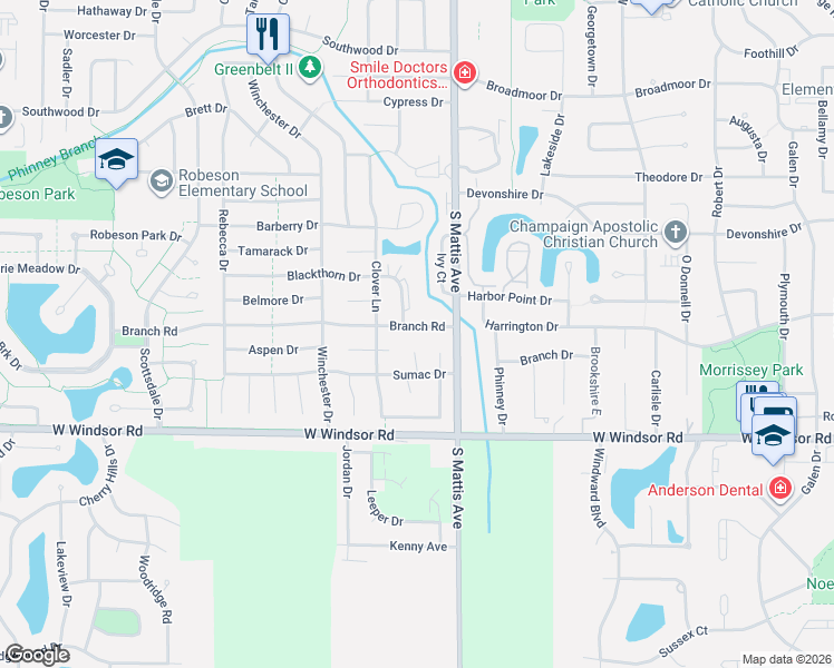 map of restaurants, bars, coffee shops, grocery stores, and more near 2305 Sumac Court North in Champaign