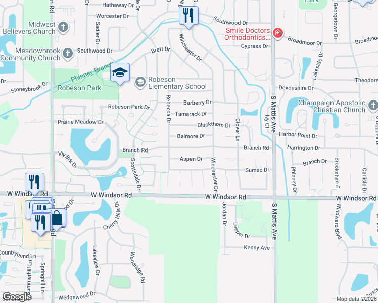 map of restaurants, bars, coffee shops, grocery stores, and more near 2311 Aspen Drive in Champaign