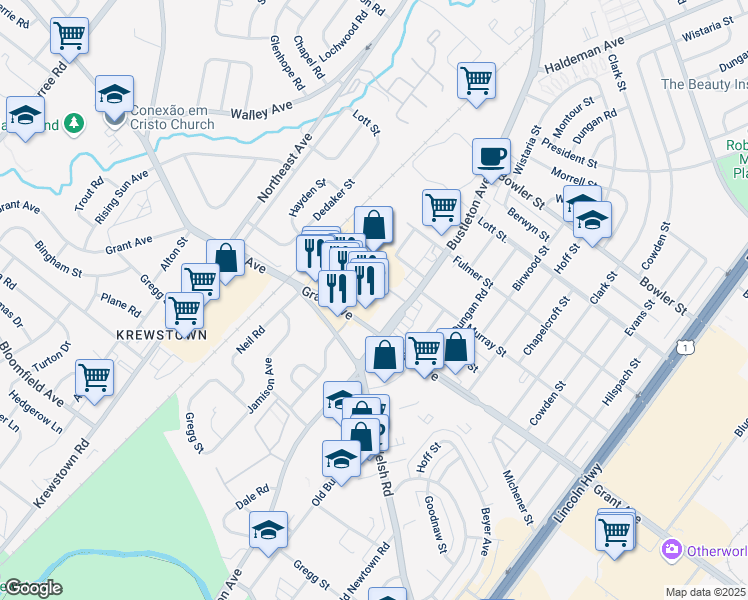 map of restaurants, bars, coffee shops, grocery stores, and more near 9525 Banes Street in Philadelphia