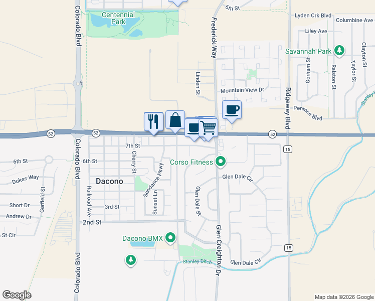 map of restaurants, bars, coffee shops, grocery stores, and more near 729 Glen Ayre Street in Dacono