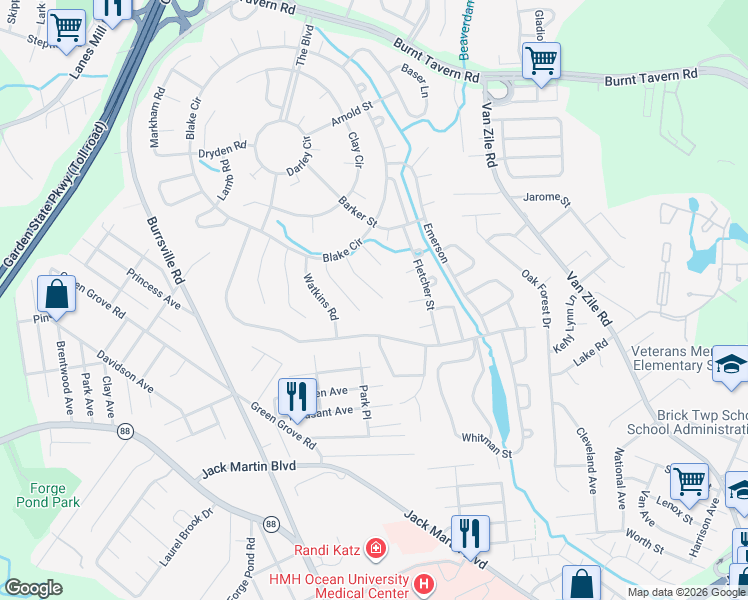 map of restaurants, bars, coffee shops, grocery stores, and more near 58 Collins Court in Brick Township