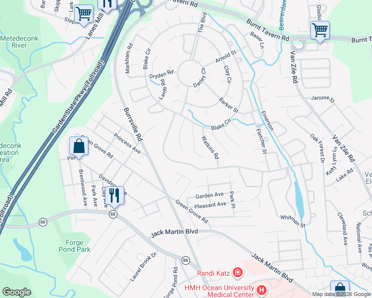 map of restaurants, bars, coffee shops, grocery stores, and more near 91 Central Boulevard in Brick Township