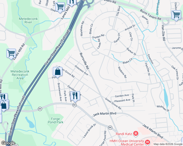 map of restaurants, bars, coffee shops, grocery stores, and more near 1466 Cedar Avenue in Brick Township
