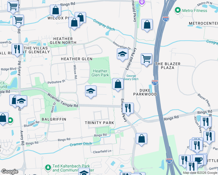 map of restaurants, bars, coffee shops, grocery stores, and more near 6315 Emerald Parkway in Dublin