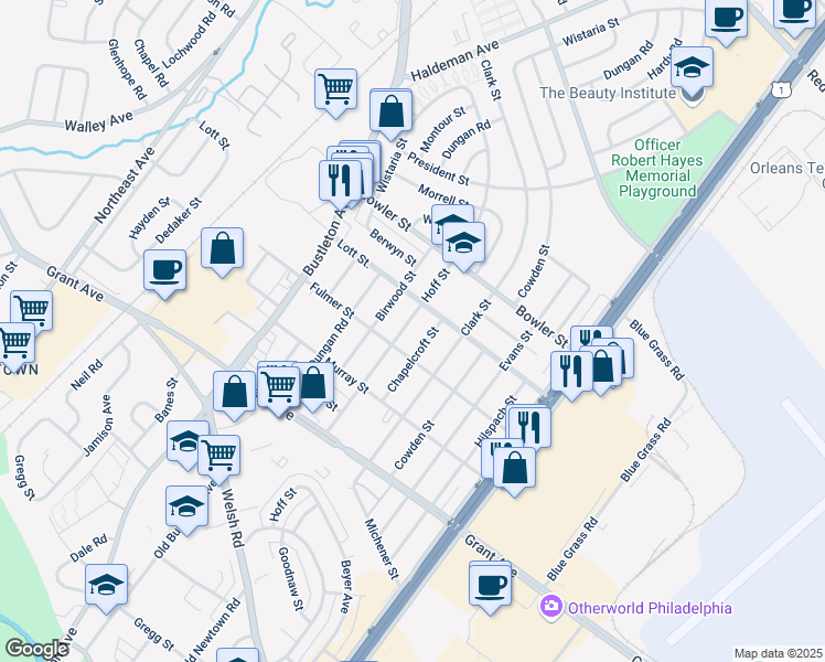 map of restaurants, bars, coffee shops, grocery stores, and more near 2013 Fulmer Street in Philadelphia