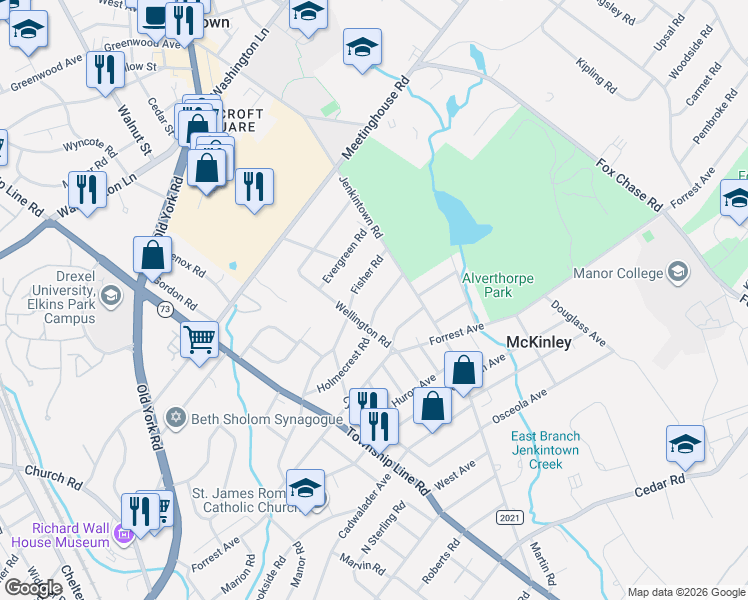 map of restaurants, bars, coffee shops, grocery stores, and more near 223 Fisher Road in Jenkintown