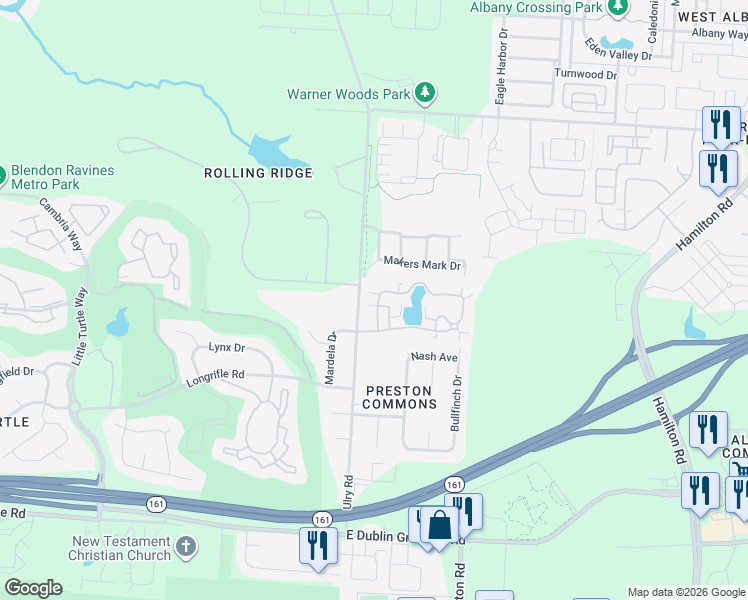 map of restaurants, bars, coffee shops, grocery stores, and more near 5685 Willet Lane in Westerville