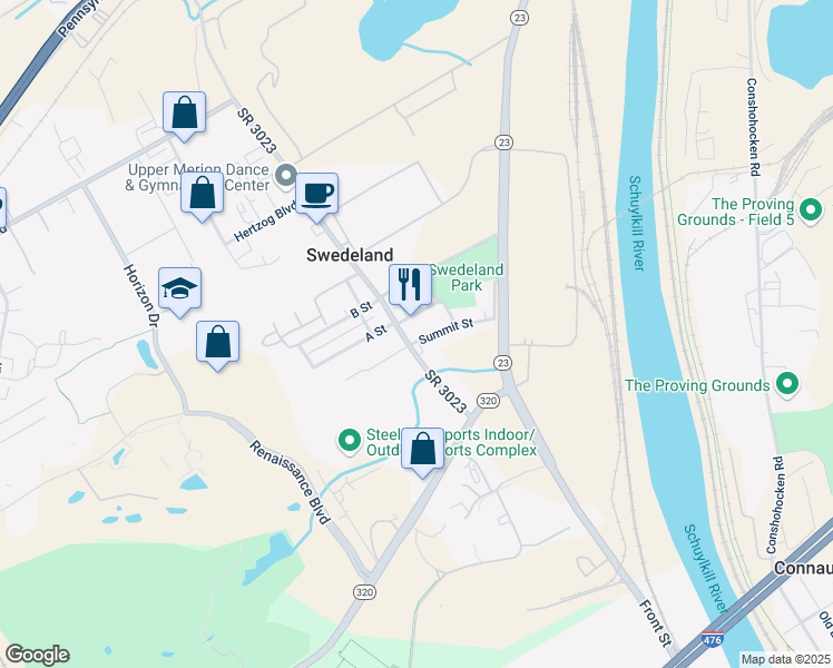 map of restaurants, bars, coffee shops, grocery stores, and more near 612 Summit Street in King of Prussia