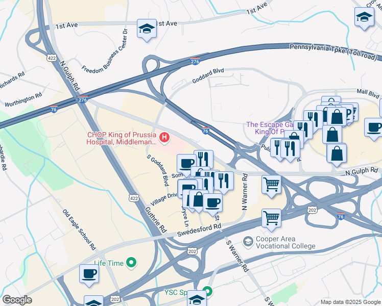 map of restaurants, bars, coffee shops, grocery stores, and more near 907 Lakeview Court in King of Prussia