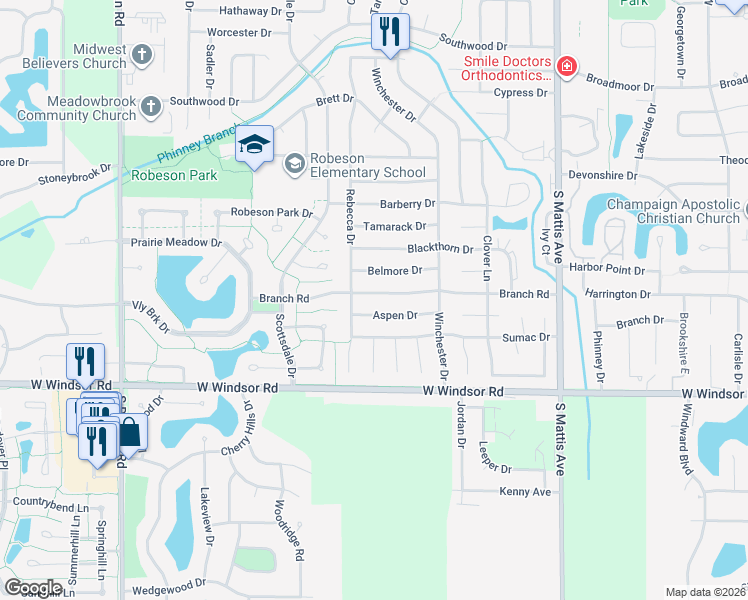 map of restaurants, bars, coffee shops, grocery stores, and more near 2311 Aspen Drive in Champaign
