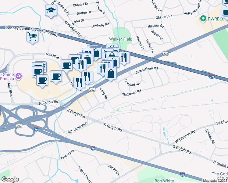 map of restaurants, bars, coffee shops, grocery stores, and more near 622 Norlyn Court in King of Prussia