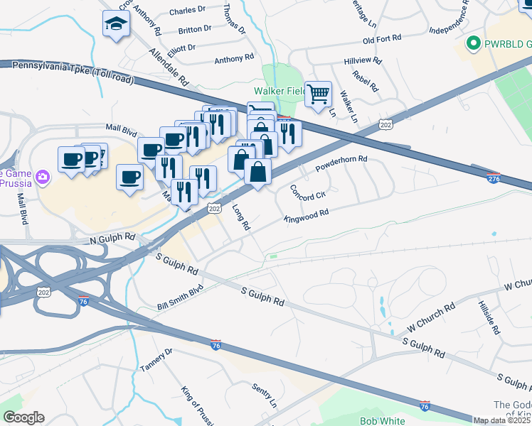 map of restaurants, bars, coffee shops, grocery stores, and more near 622 Norlyn Court in King of Prussia