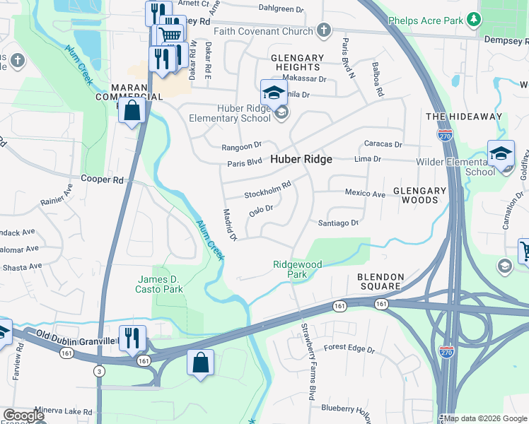 map of restaurants, bars, coffee shops, grocery stores, and more near 3581 Stockholm Road in Westerville