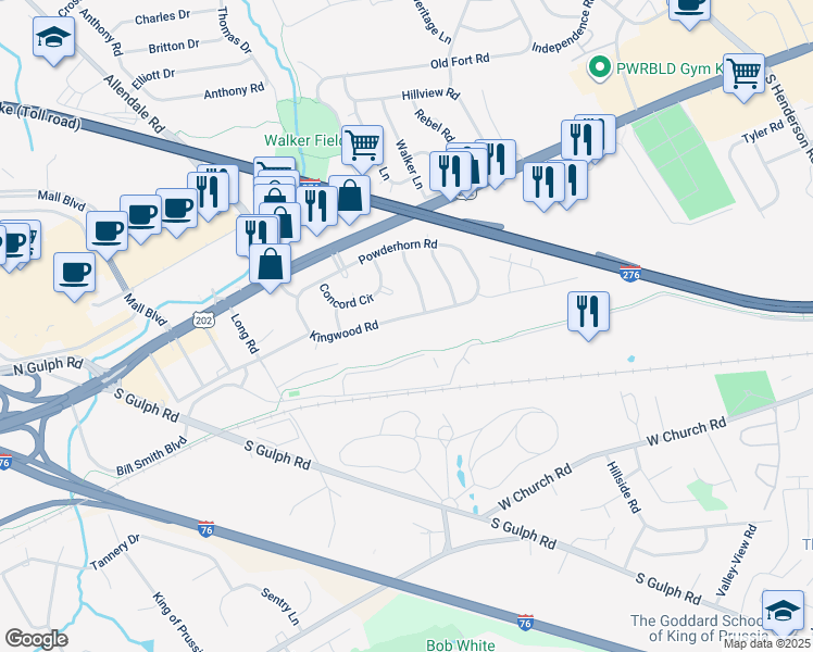 map of restaurants, bars, coffee shops, grocery stores, and more near 517 Kingwood Road in King of Prussia
