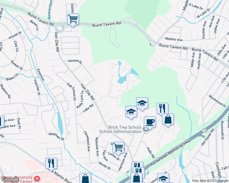 map of restaurants, bars, coffee shops, grocery stores, and more near 32 Northrup Drive in Brick
