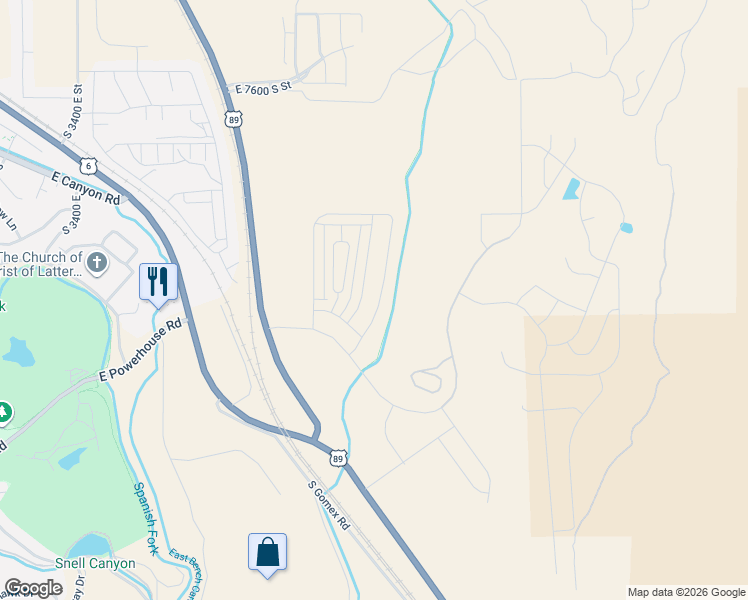 map of restaurants, bars, coffee shops, grocery stores, and more near South 2800 East Street in Spanish Fork
