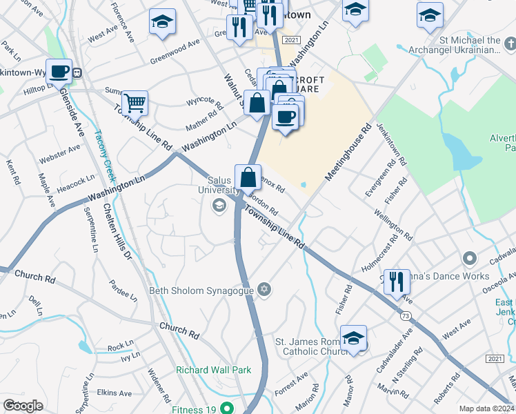 map of restaurants, bars, coffee shops, grocery stores, and more near 1238 Lenox Road in Jenkintown