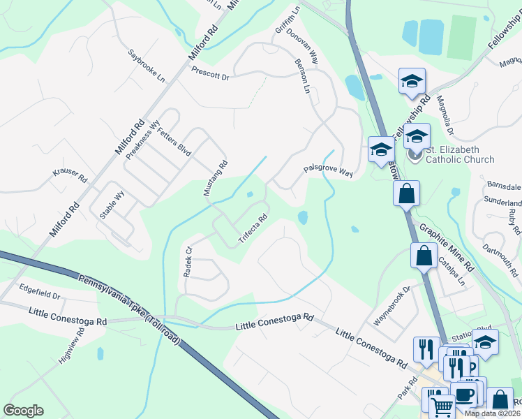 map of restaurants, bars, coffee shops, grocery stores, and more near 100 Palsgrove Way in Chester Springs