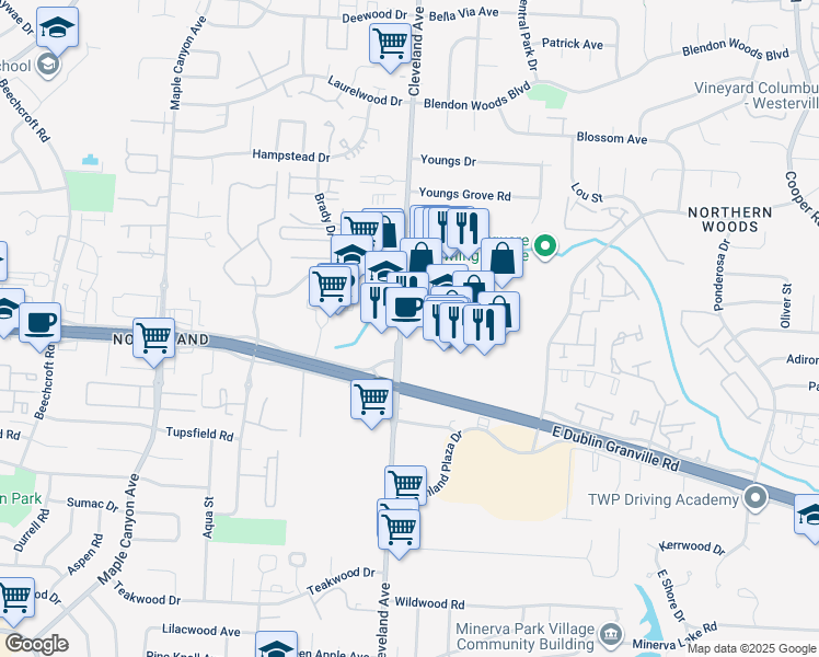 map of restaurants, bars, coffee shops, grocery stores, and more near 5704-5898 Emporium Square in Columbus