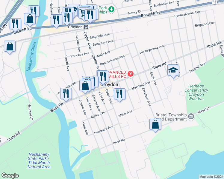 map of restaurants, bars, coffee shops, grocery stores, and more near 812 Christy Avenue in Croydon