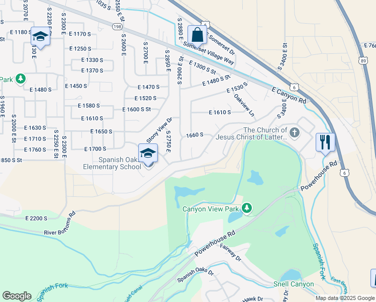 map of restaurants, bars, coffee shops, grocery stores, and more near 1746 South 2940 East in Spanish Fork