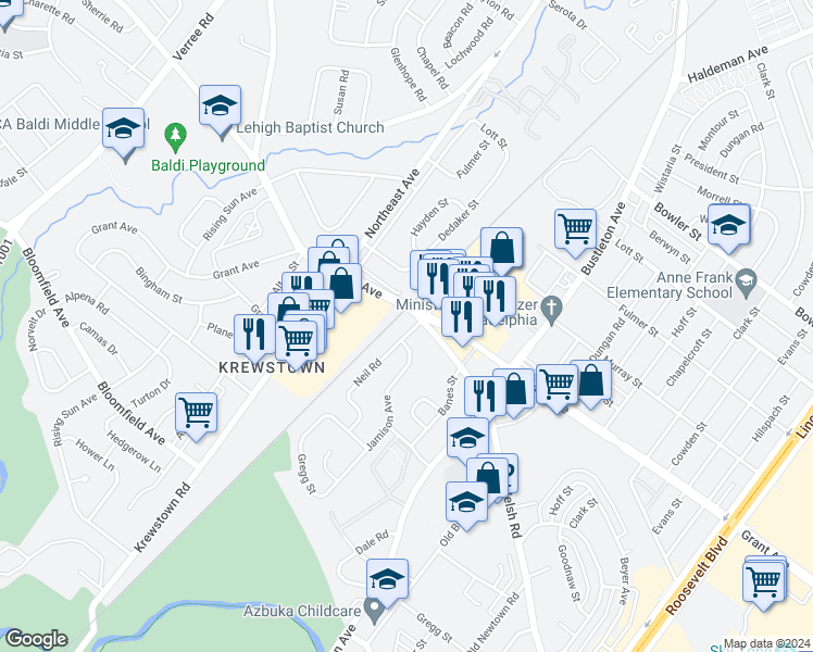 map of restaurants, bars, coffee shops, grocery stores, and more near 9390 Neil Road in Philadelphia