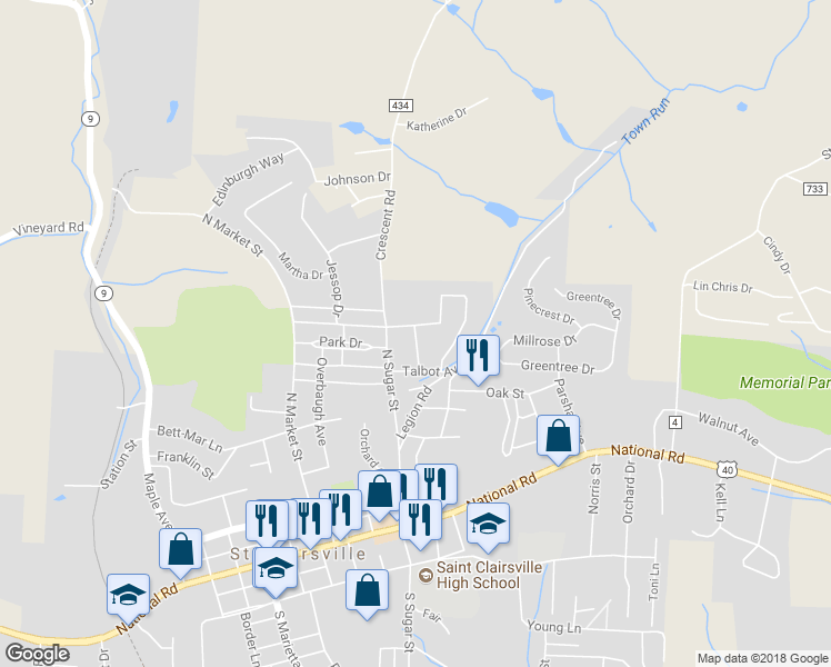 map of restaurants, bars, coffee shops, grocery stores, and more near Willinda Street in Saint Clairsville