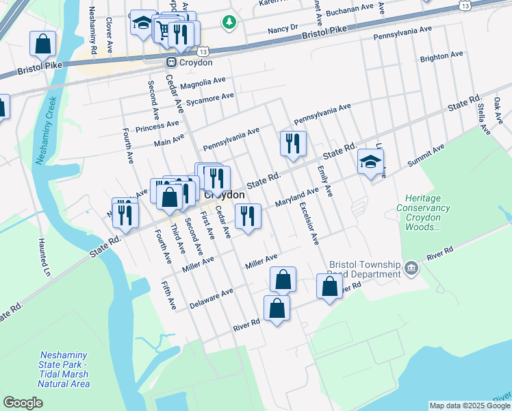 map of restaurants, bars, coffee shops, grocery stores, and more near 827 Patterson Avenue in Croydon