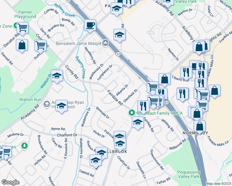 map of restaurants, bars, coffee shops, grocery stores, and more near 12012 Alberta Drive in Philadelphia