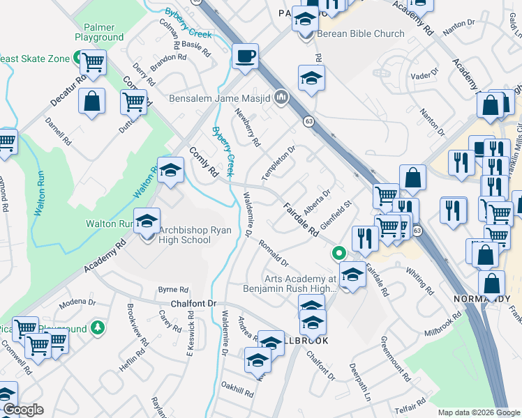 map of restaurants, bars, coffee shops, grocery stores, and more near 3828 Fairdale Road in Philadelphia