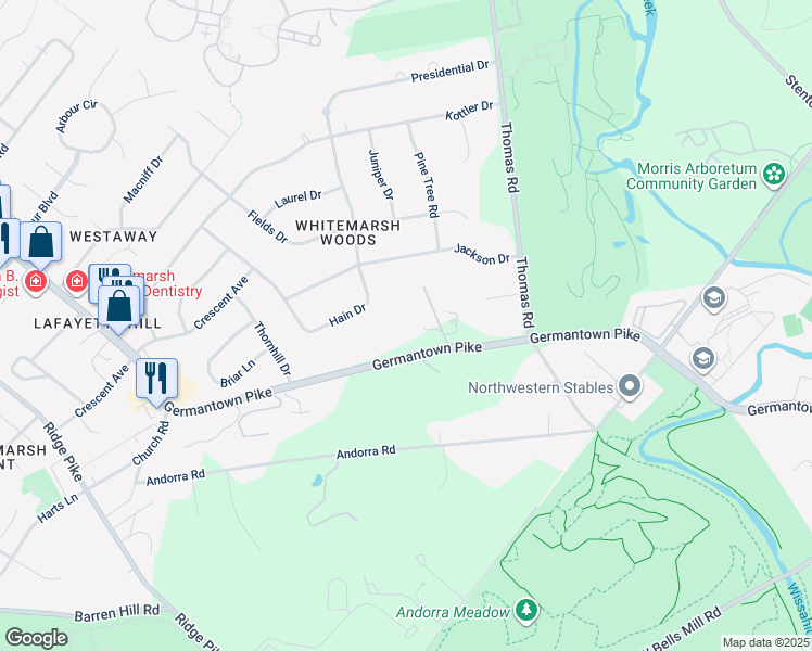 map of restaurants, bars, coffee shops, grocery stores, and more near 2 Whitefield Drive in Lafayette Hill