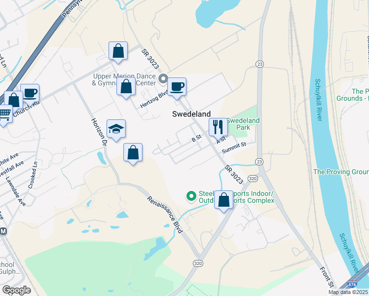 map of restaurants, bars, coffee shops, grocery stores, and more near 572 B Street in King of Prussia