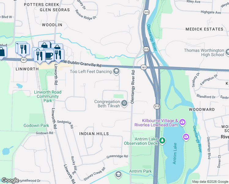 map of restaurants, bars, coffee shops, grocery stores, and more near 886 Middlebury Drive West in Worthington