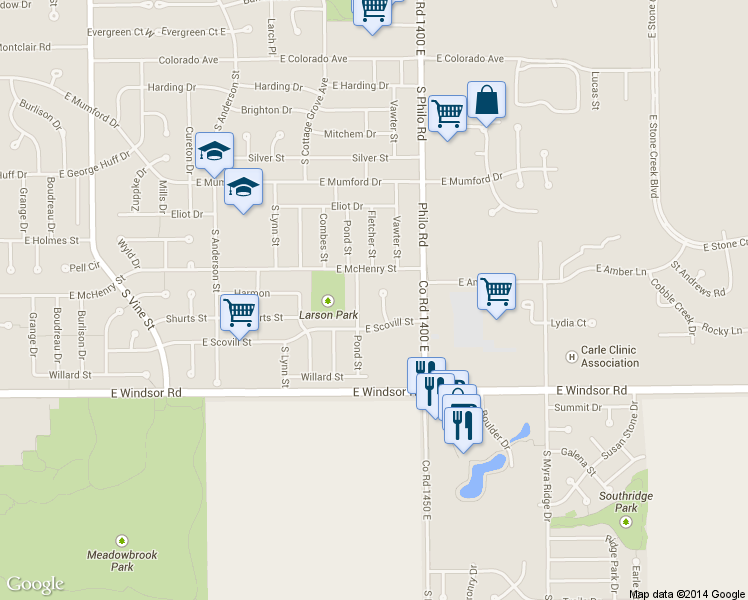 map of restaurants, bars, coffee shops, grocery stores, and more near 1301 East McHenry Street in Urbana