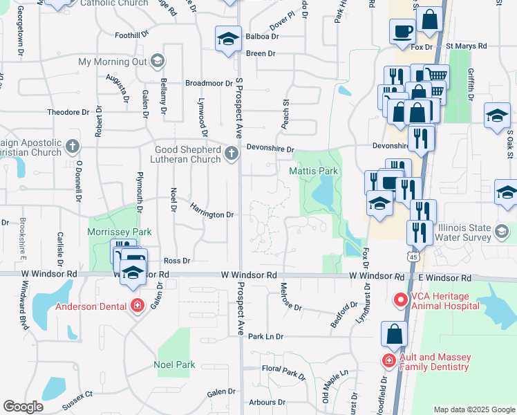 map of restaurants, bars, coffee shops, grocery stores, and more near 2115 Madison Court in Champaign