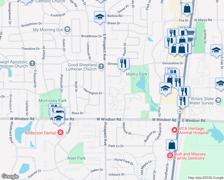 map of restaurants, bars, coffee shops, grocery stores, and more near 2115 Madison Court in Champaign