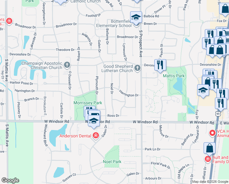 map of restaurants, bars, coffee shops, grocery stores, and more near 2120 Noel Drive in Champaign
