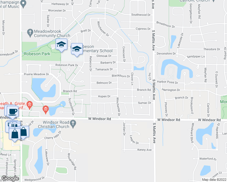 map of restaurants, bars, coffee shops, grocery stores, and more near 2207 Belmore Drive in Champaign