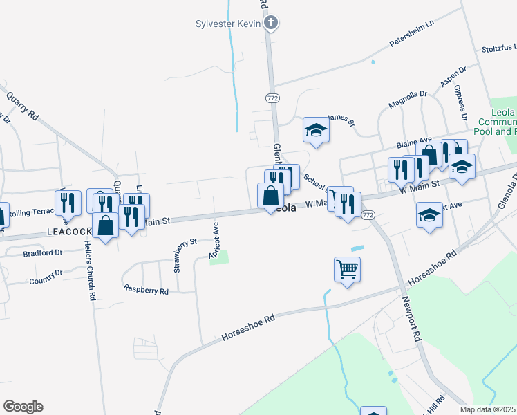 map of restaurants, bars, coffee shops, grocery stores, and more near 153 West Main Street in Leacock-Leola-Bareville