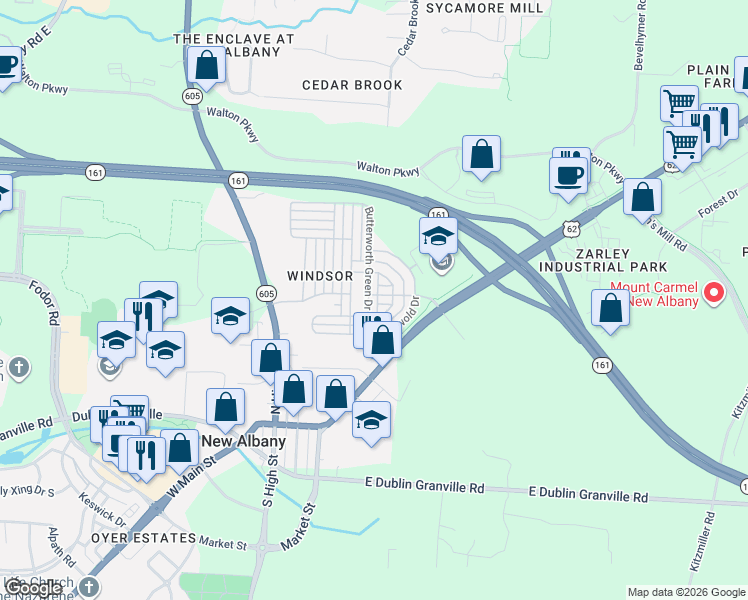 map of restaurants, bars, coffee shops, grocery stores, and more near 5018 Butterworth Green Drive in New Albany