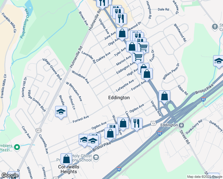 map of restaurants, bars, coffee shops, grocery stores, and more near 134 Derby Lane in Bensalem