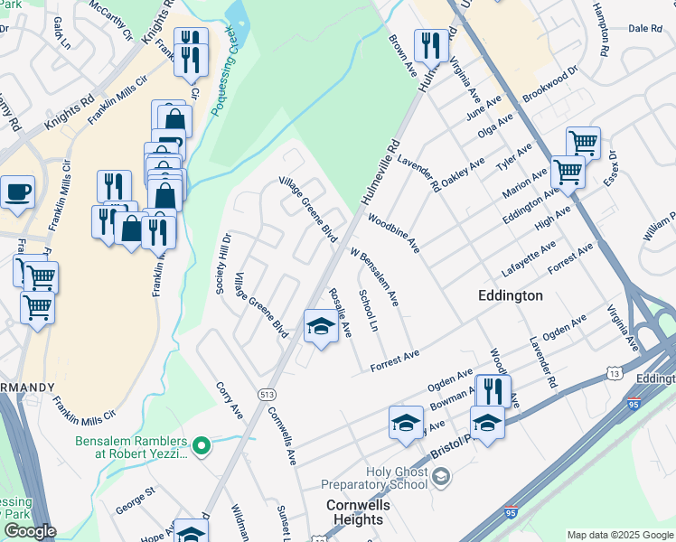 map of restaurants, bars, coffee shops, grocery stores, and more near 2433 Hulmeville Road in Bensalem